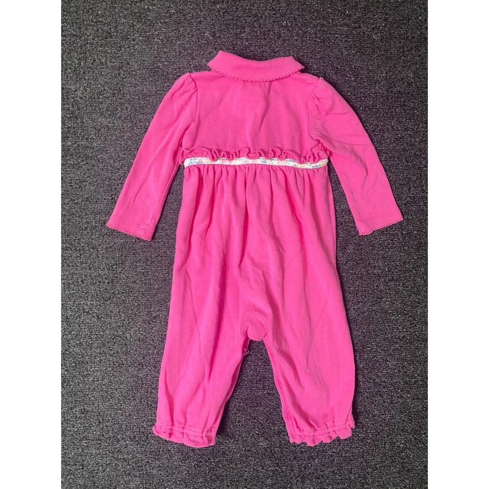 Ralph Lauren Polo Romper Pink Baby Girls 9M Long Sleeve Floral Ruffle Coverall